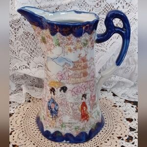 VINTAGE HAND-PAINTED PORCELAIN JAPANESE GEISHA GIRLS BLUE TEAPOT/PITCHER NO LID